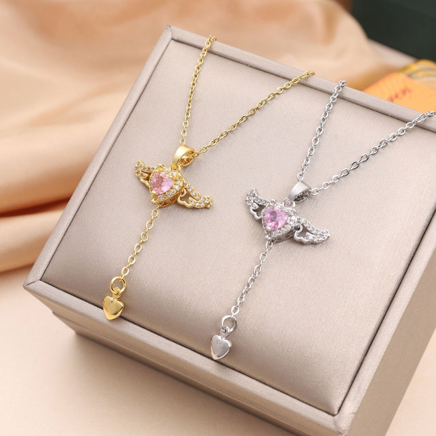 Noxypera Cupid Heart Angel Wings Tassel Necklace With Crystal Clavicle Chain