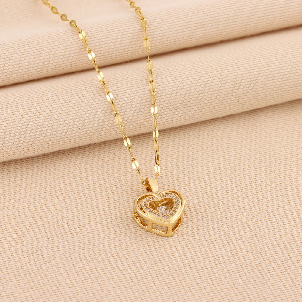 Noxypera Titanium Steel Double-layer Love Necklace With Rhinestones