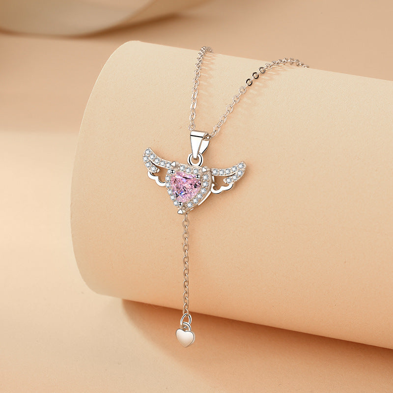 Noxypera Cupid Heart Angel Wings Tassel Necklace With Crystal Clavicle Chain