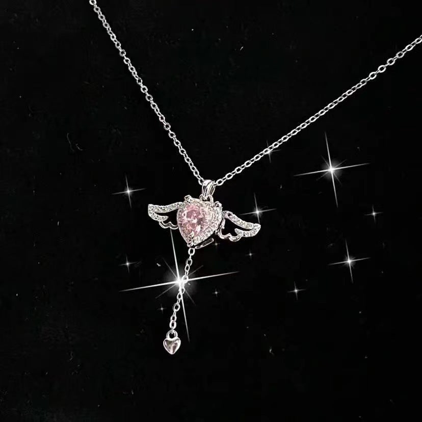 Noxypera Cupid Heart Angel Wings Tassel Necklace With Crystal Clavicle Chain