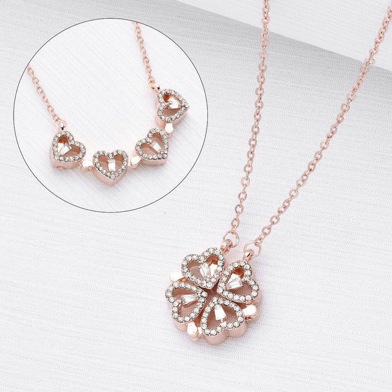 Noxypera Magnetic Folding Heart Shaped Four Leaf Clover Pendant Necklace