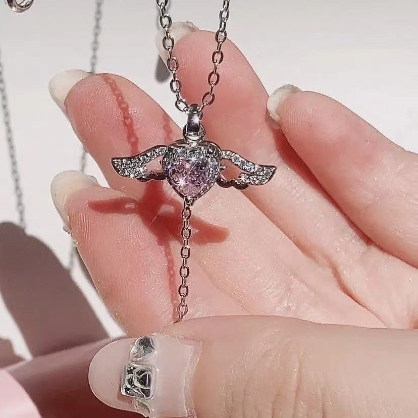 Noxypera Cupid Heart Angel Wings Tassel Necklace With Crystal Clavicle Chain