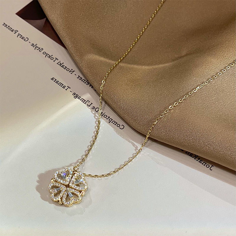 Noxypera Magnetic Folding Heart Shaped Four Leaf Clover Pendant Necklace