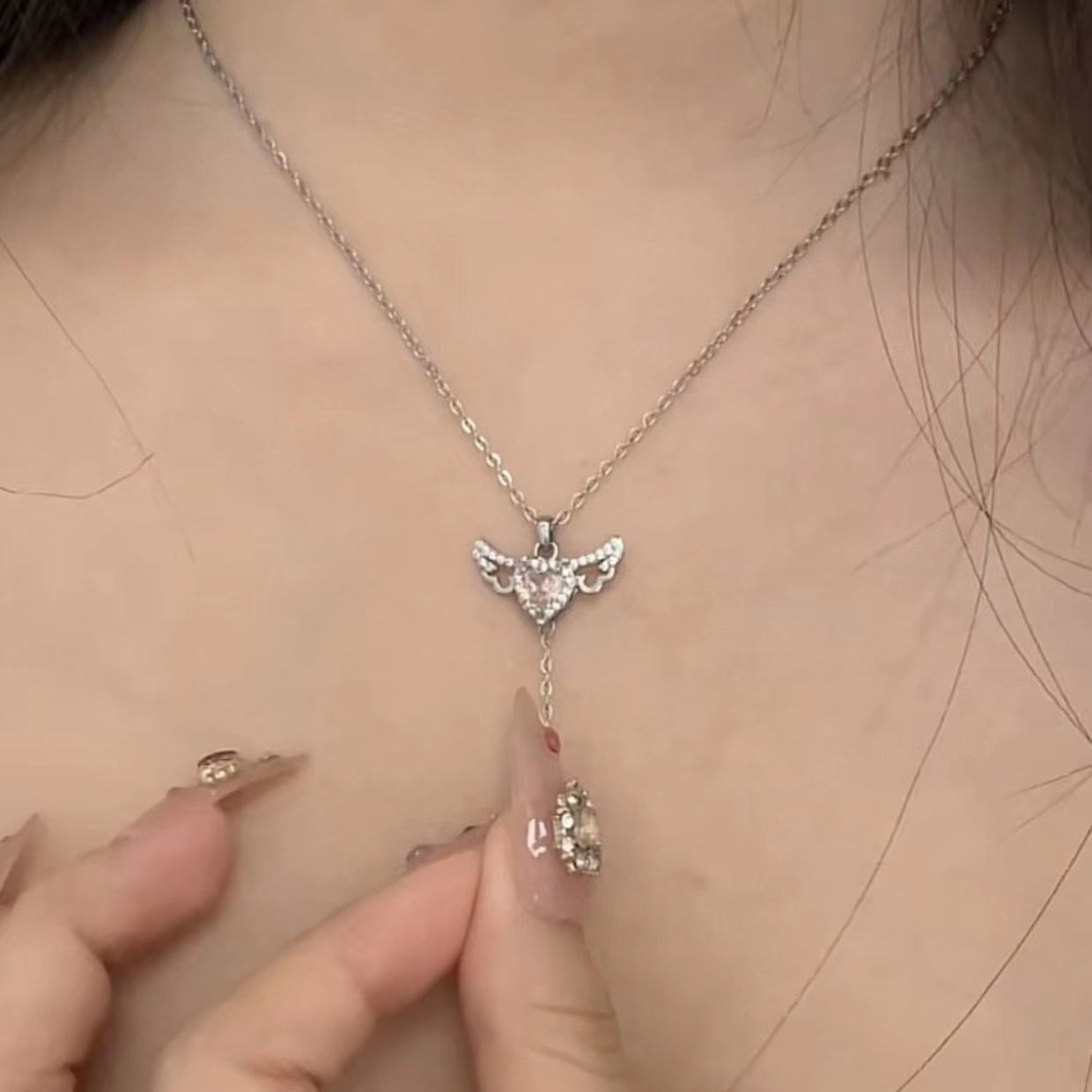 Noxypera Cupid Heart Angel Wings Tassel Necklace With Crystal Clavicle Chain
