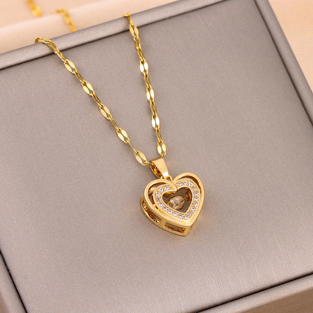 Noxypera Titanium Steel Double-layer Love Necklace With Rhinestones