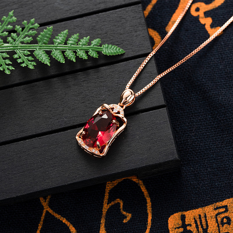 Noxypera Rose Gold Square Ruby Pendant Necklace