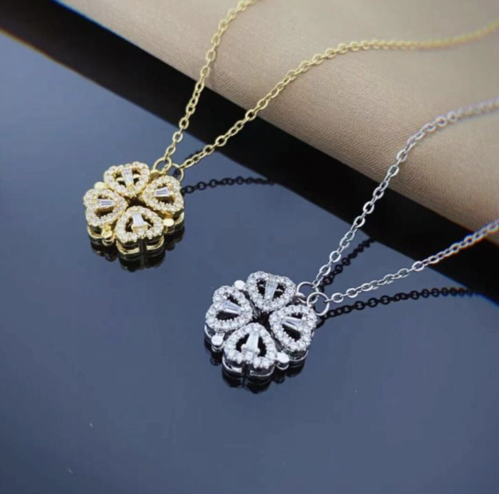 Noxypera Magnetic Folding Heart Shaped Four Leaf Clover Pendant Necklace