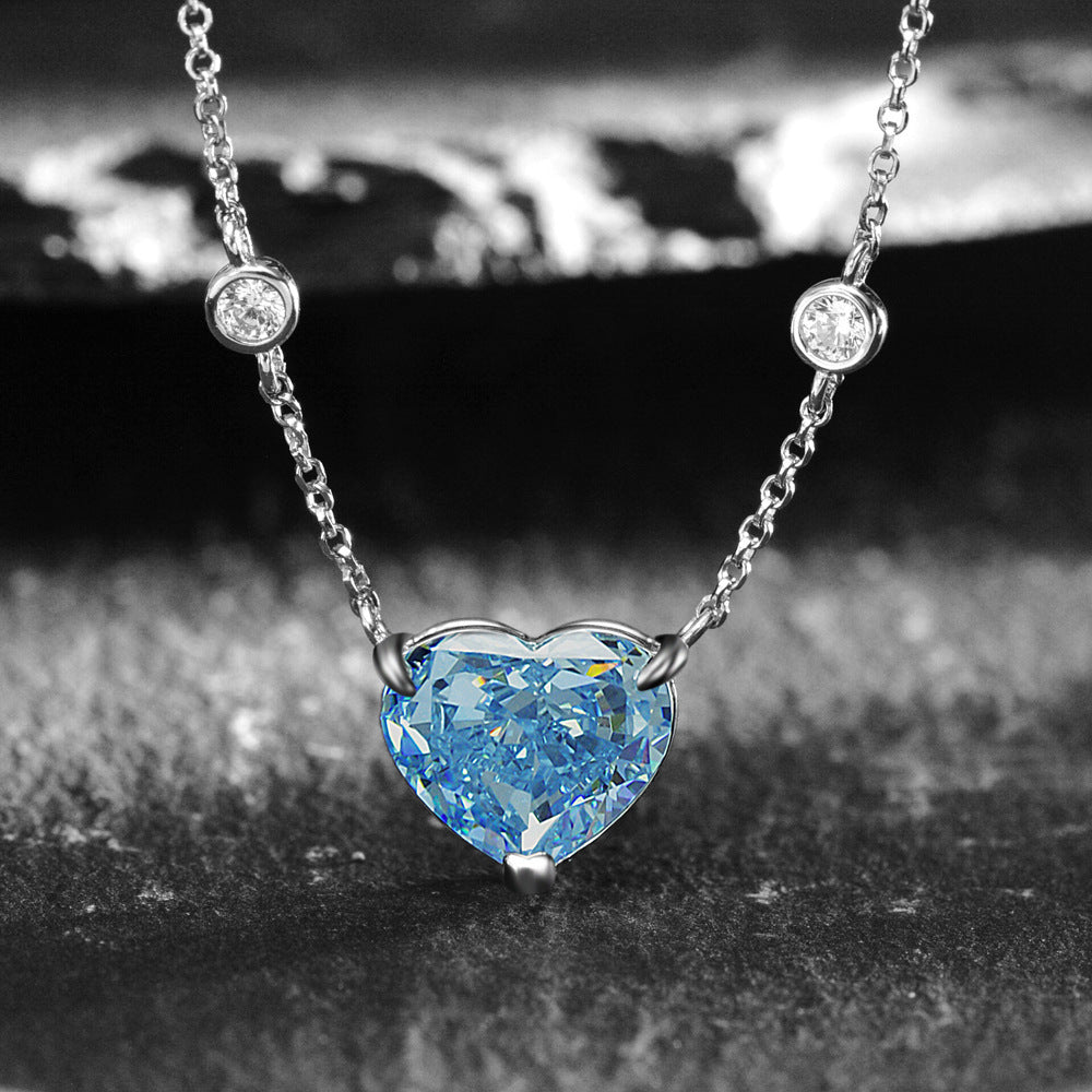 Noxypera S925 Sterling Silver Zircon Ocean Blue Heart-Shaped Necklace
