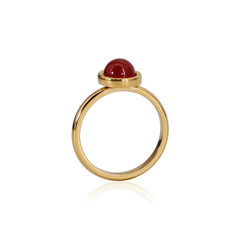 Noxypera Natural Stone Inlaid Titanium Steel 18K Gold Plating Red Black Agate Ring