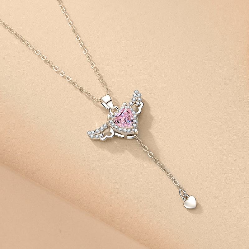 Noxypera Cupid Heart Angel Wings Tassel Necklace With Crystal Clavicle Chain