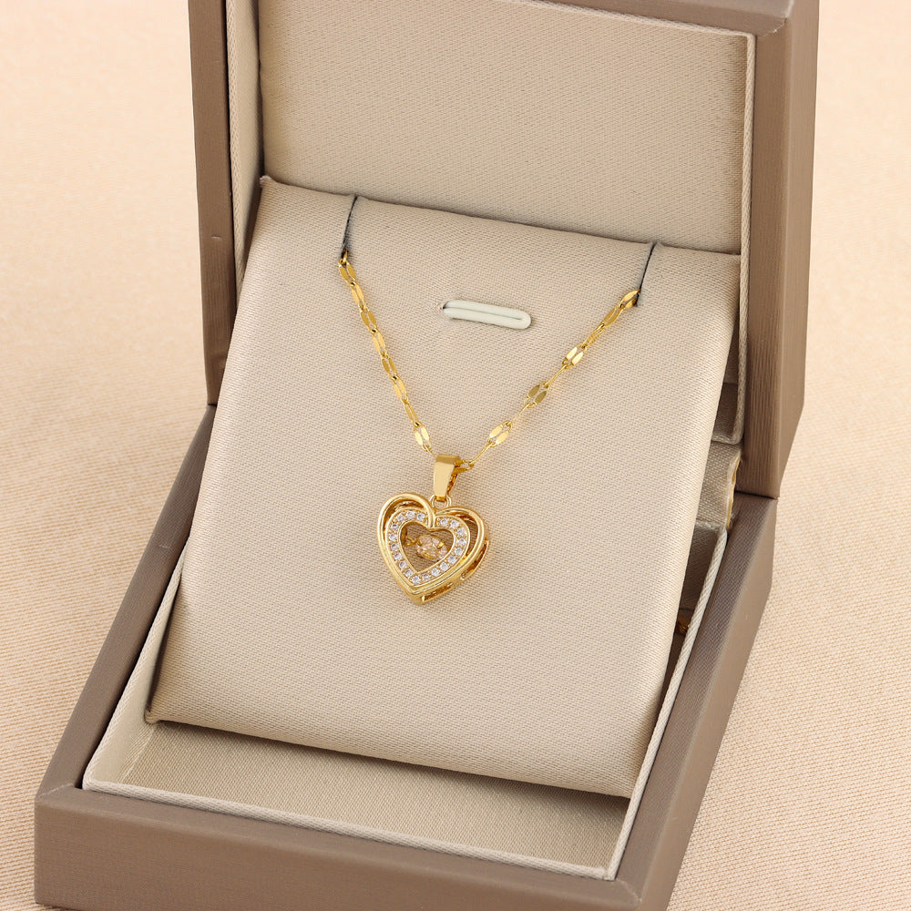Noxypera Titanium Steel Double-layer Love Necklace With Rhinestones