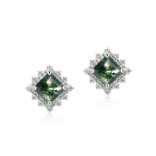 Noxypera Light Luxury Green Moss Square Agate Stud Earrings